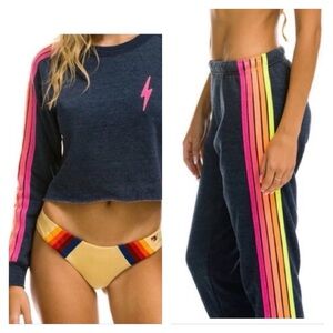 Aviator Nation Set (cropped sweatshirt & pants) Neon 5 stripe & lighting Bolt